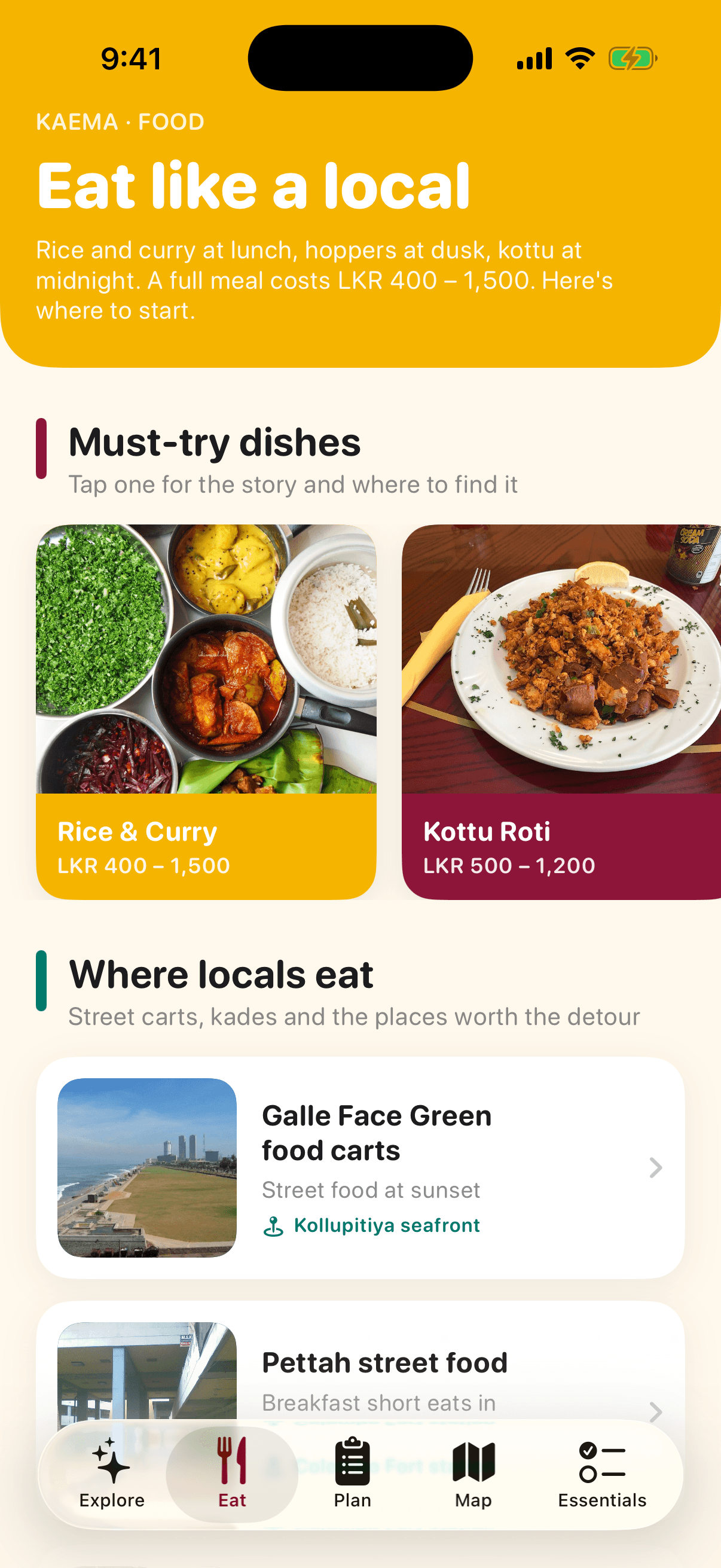 Eat tab with must-try dishes and food hubs
