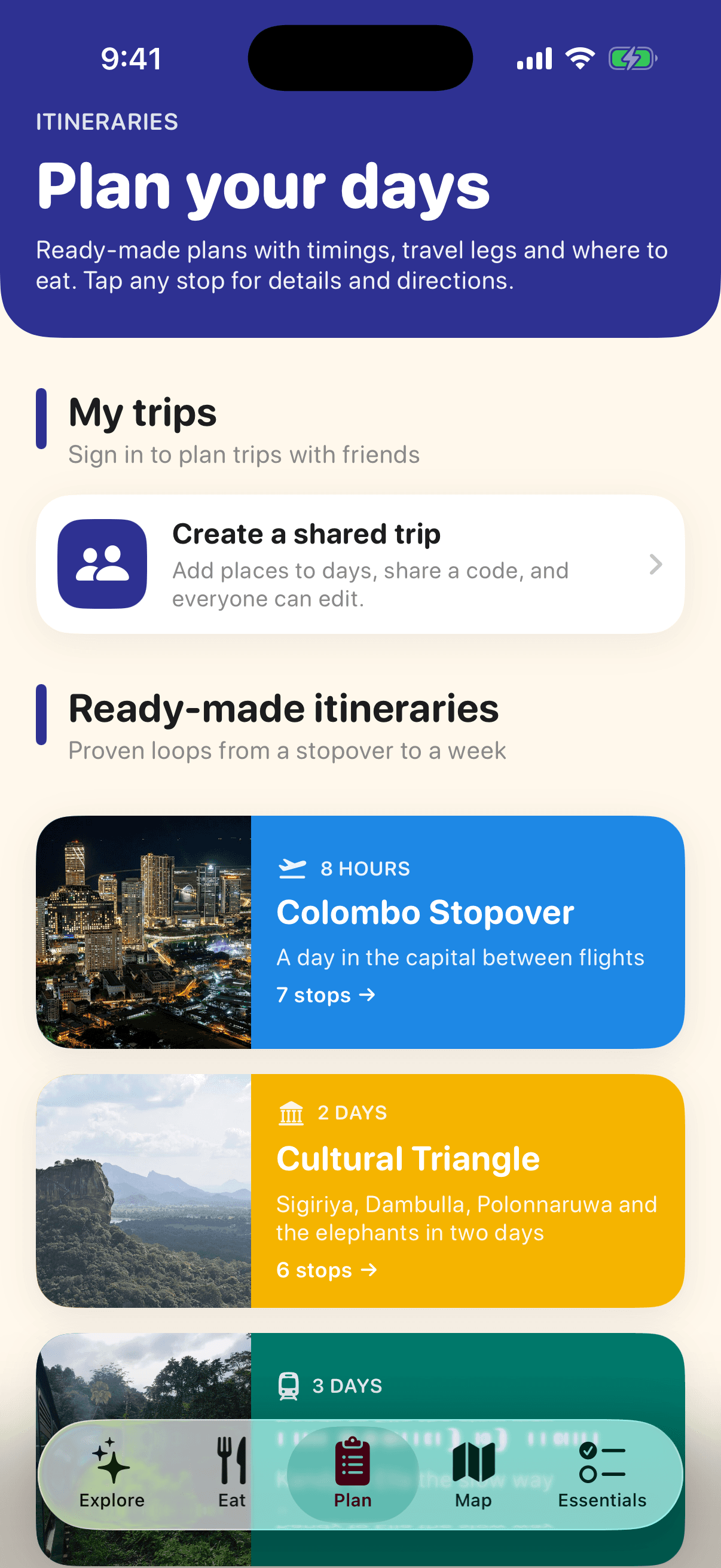 Plan screen of the VisitSrilanka app